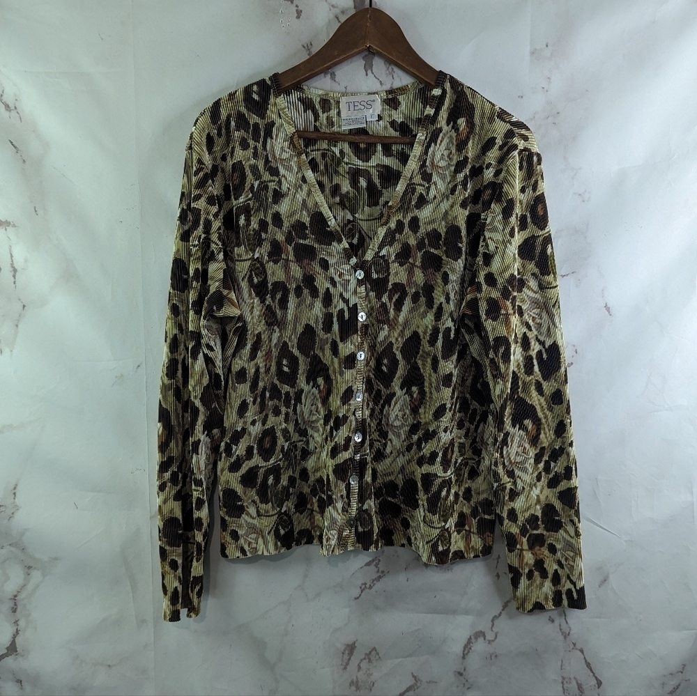 Vintage Top Womens Large 90s Y2K Leopard Floral Blouse Button Up Ribbed Shirt